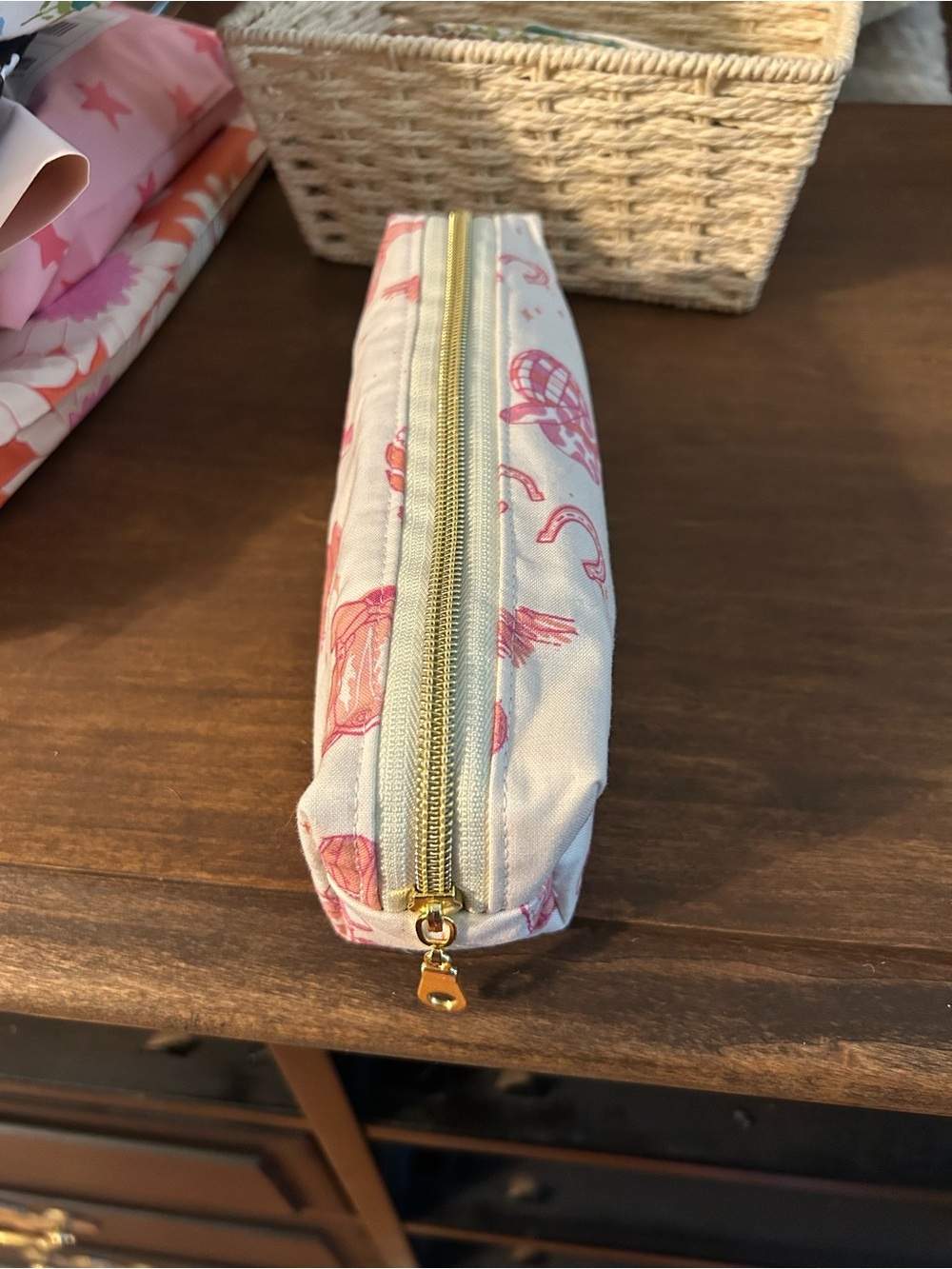 Hand made Pink western Print Zip Pouch with Gold Zipper